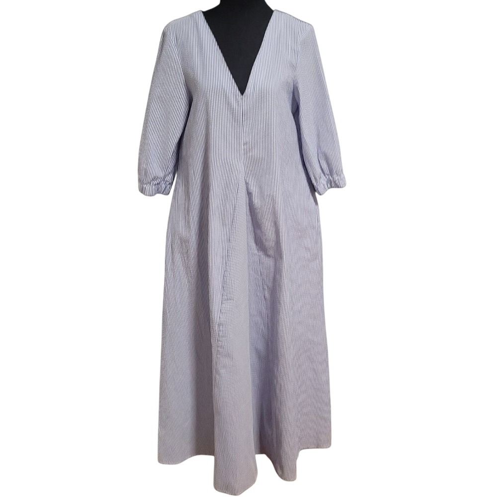 Native‎ Youth Blue Seersucker Smock Maxi Dress S Oversized Coastal Lagenlook